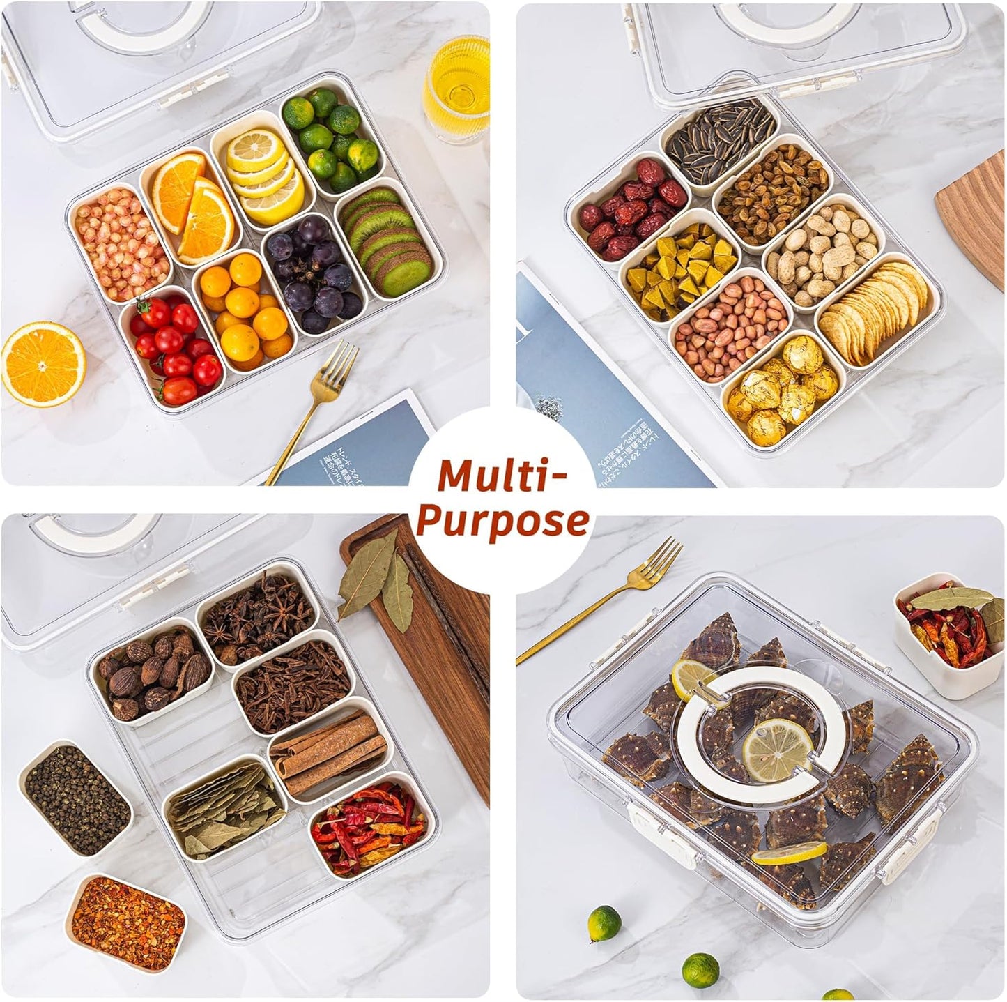 Divided Serving Tray with Lid and Handle - Divided Snack Tray for Portable Snack Platters - Clear Organizer for Candy, Fruits, Nuts, Snacks - Perfect for Party, Entertaining,2 pcs