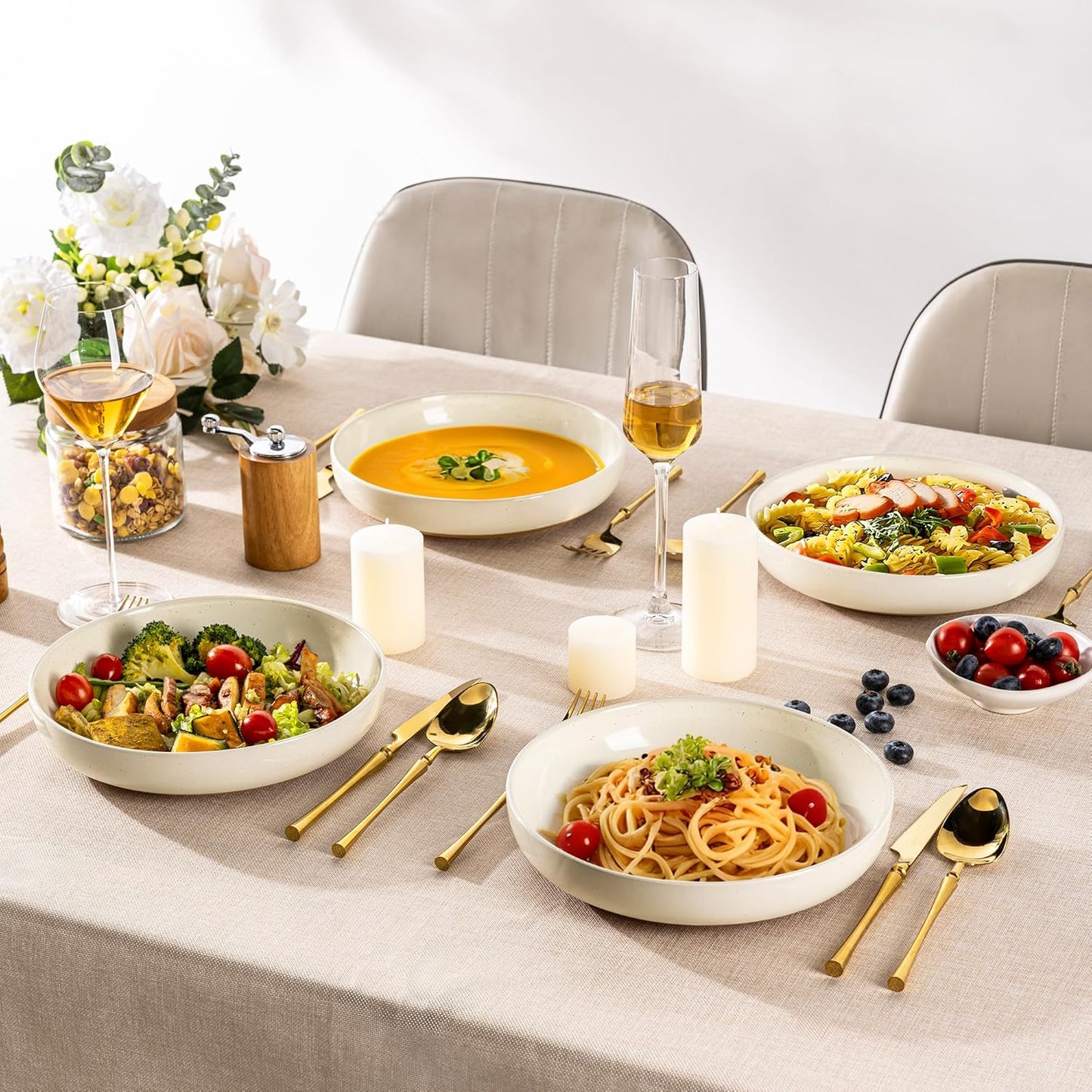 AmorArc 8.75'' Large Ceramic Pasta Bowls, 36oz Handpainted Stoneware Bowls Set of 4, Microwave&Dishwasher Safe Bowls with Wavy Rim&Rustic Terracotta Underside for Pasta Salad, Light Beige