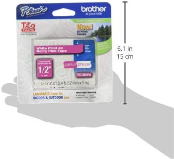 Brother Genuine P-touch TZE-MQP35 Tape, 1/2" (0.47") Wide Standard Laminated Tape, White on Berry Pink, Laminated for Indoor or Outdoor Use, Water-Resistant, 0.47" x 16.4' (12mm x 5M), TZEMQP35