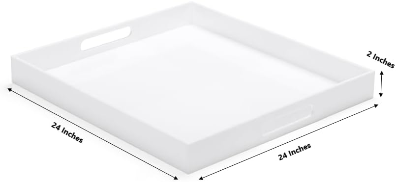 White Acrylic Ottoman Tray with Cutout Handles 24x24 Inch Over-Sized Serving Tray Rubber Boot Organizer Decorative Tray for Living Room, Bedroom,Bathroom Entryway and Kitchen Tabletop