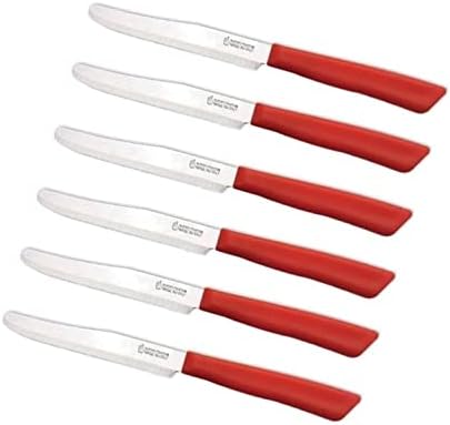 Tredoni 6 kitchen Knives - 4.3"/11cm Italian Stainless Steel Serrated Vegetable/Steak/Table Knife Cutlery, Rounded Tip (Red)