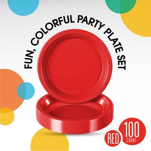 Exquisite Party Solids Red Plastic Plates For Party 9" Red Disposable Plates Heavy Duty Supplies 100 Pcs Plastic Dinnerware Sets Heavy Duty 350 GSM Disposable Dinnerware Set