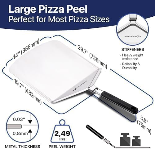 KitchenStar Stainless Steel Pizza Peel 14 inch with 10 inch Folding Handle, Large - Spatula Paddle for Effortless Pizza Transfer & Easy Storrage - Outdoor Pizza Oven Accessories