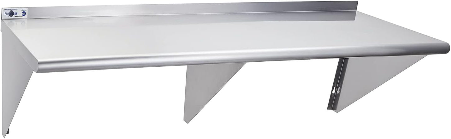 Profeeshaw NSF Stainless Steel Shelf 18” x 60”, 450 lb Commercial Shelves Wall Mounted Metal Shelving with Backsplash and 2 Brackets for Restaurant, Bar, Utility Room, Kitchen and Garage