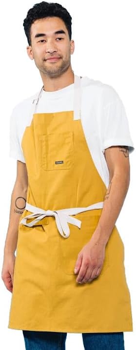 Caldo Daily Cotton Kitchen Apron for Cooking- Mens and Womens Professional Chef or Server Bib Apron - Adjustable Straps with Pockets and Towel Loop (Mustard)