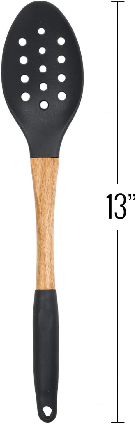 Beille Grey Nylon Slotted Spoon with Wooden Handle Kitchen Utensils High Heat Resistance, 13 Inch
