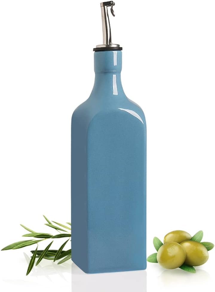 Sweejar 19 Fl Oz Ceramic Olive Oil Dispenser Bottle with Spout, Large Oil Dispenser for Kitchen, Opaque EVOO Oil and Vinegar Cruet for Cooking, Oil Container for Avocado Oil, Pack of 1 (Fog blue)