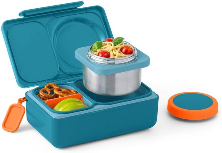 Omie OmieBox UP bento Box for Kids | Insulated Lunch Box | Leak Proof Vacuum Insulated Thermal Food jar | Cooler ice Pack | 2 Compartments (Teal Green)