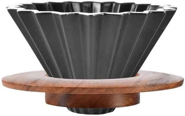 Ceramic Coffee Dripper Pour Over Coffee Maker with Wood Stand Elegant Flower Shape V60 Filter (black)