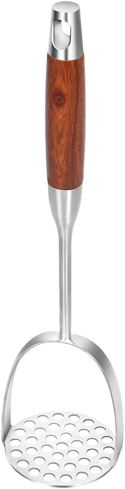 Brigii Potato Masher with Non-Slip Wooden Handle, Dual Arc for Easy, Labor-Saving Mashing, 304 Stainless Steel, Sturdy and Durable One-Piece Potato Press, Dishwasher Safe, for Potatoes and More