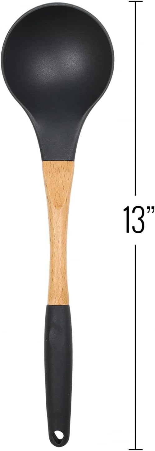 Beille Grey Nylon Ladle with Soft Grip Ergonomic Wooden Handle Kitchen Utensils, 13 Inch