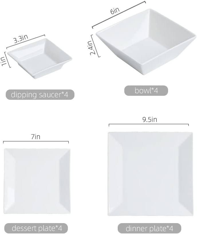 Porlien 16-Piece Classic Square Dinnerware Set for 4-Square Dinner Plates, Dessert Plates, Bowls & Dipping Saucers, Off White Dishes for 4