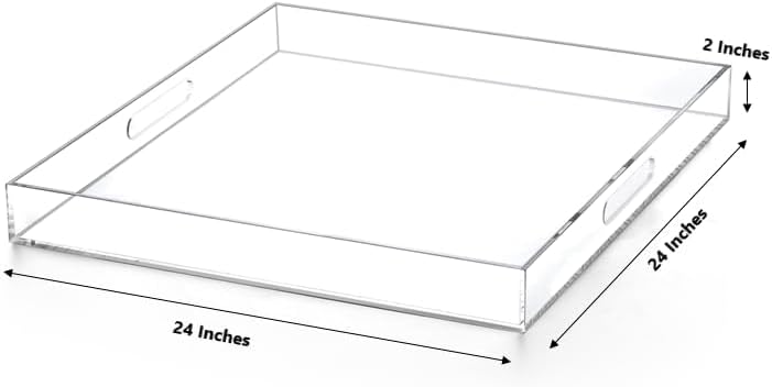 Extra Large Clear Acrylic Ottoman Tray with Cutout Handles 24x24 Inch Over-Sized King-Size Serving Tray Boot Organizer Decorative Tray for Living Room Bedroom,Bathroom and Kitchen Entryway