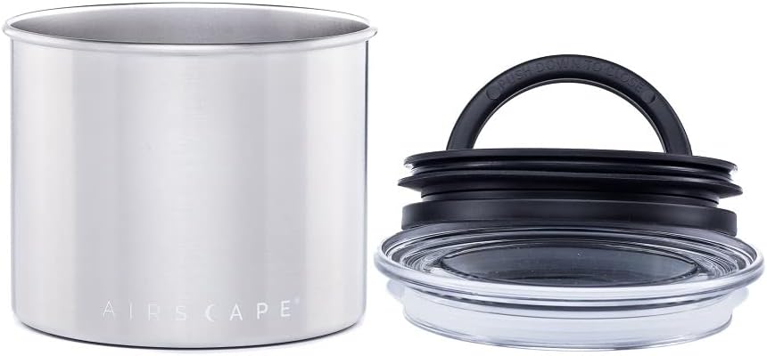 Planetary Design Airscape Stainless Steel Coffee Canister | Food Storage Container | US Patented Airtight Lid | Push Out Excess Air Preserve Food Freshness (Small, Brushed Steel)