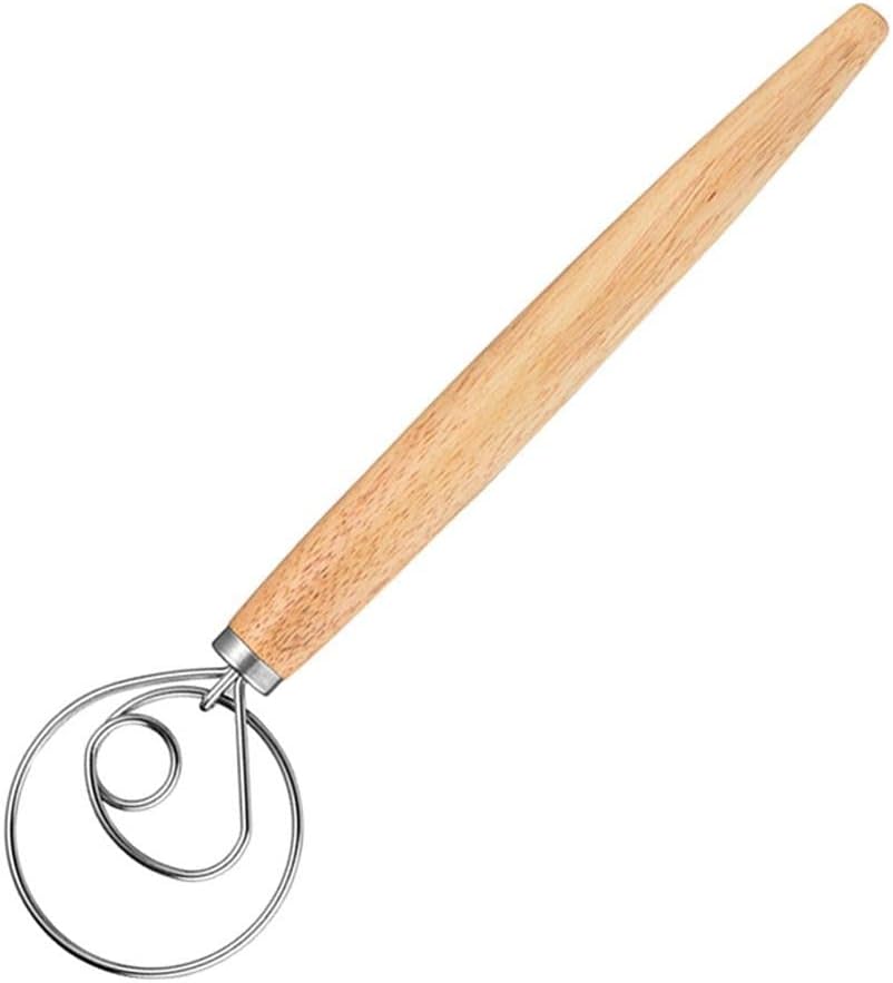 Danish Dough Whisk 13" Stainless Steel Bread Whisk Bread Making Tools Danish Dough Hook Bread Dough Mixer Hand Bread Dough Whisk for Pastry, Baking Cake, Dessert, Sourdough, Pizza, with Wooden Handle