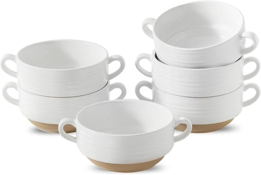 Hasense Ceramic Soup Bowls with Handles, 20 oz Oven Safe French Onion Soup Bowls Set of 6, White Serving Dishes for Entertaning, Ideal for Soup, Salad, Stew, Microwave & Dishwasher Safe