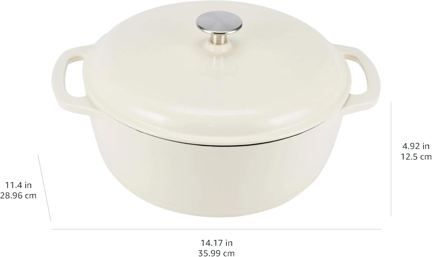 Amazon Basics Cast Iron Dutch Oven Pot with Lid, Enameled, Round, Dual Handles, Heavy-Duty, Medium, 6-Quart, White