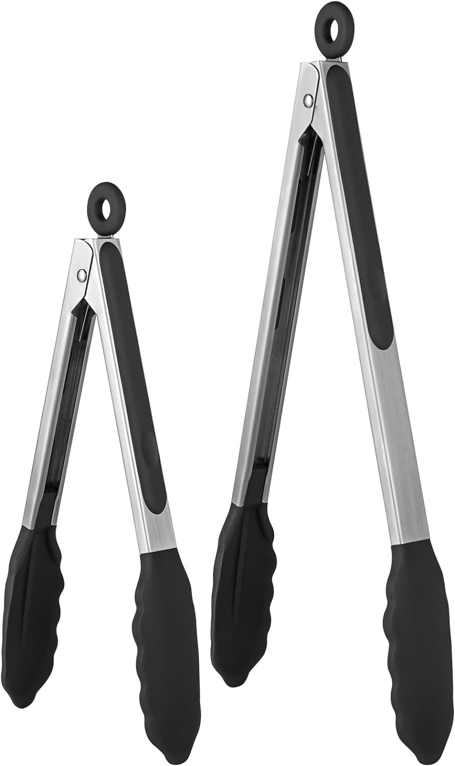 600ºF Heat Resistant Kitchen Tongs: U-Taste 9+12 inch Silicone Cooking Tong Set with Firm Sealed Non Stick Rubber Tips and Silicon Coated 18/8 Stainless Steel Handle for Serving Grilling Salad (Black)