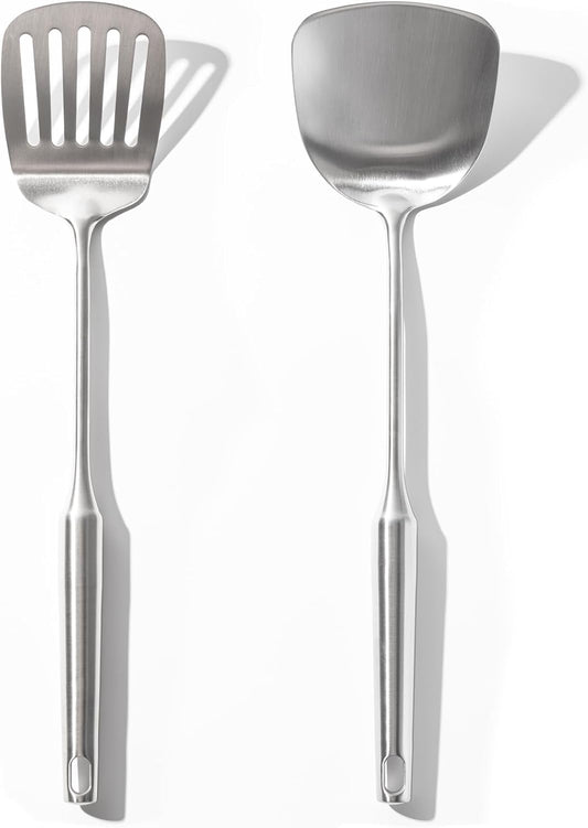 18/10 Stainless Steel Spatula Set - 15" Metal Spatulas for Kitchen Use, 1 Slotted Spatula + 1 Solid Turner, Heat Resistant Metal Cooking Utensils, Dishwasher Safe, Silver