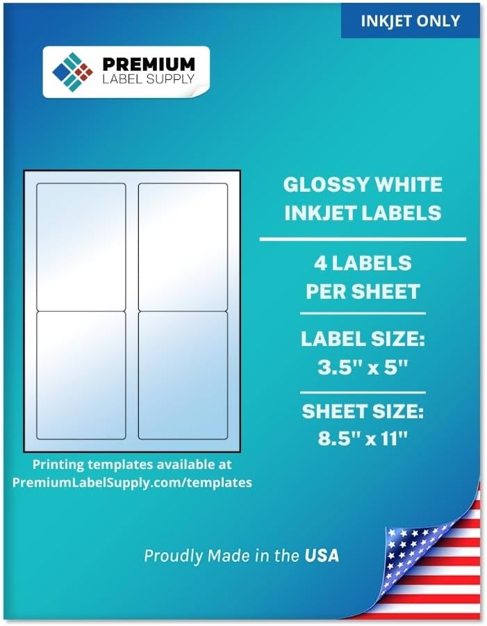 Premium Label Supply Glossy White Sticker Labels – 3.5" x 5" – (4 per Sheet) (Glossy White for Inkjet Only, 40 Labels)