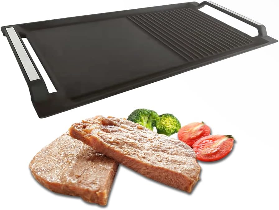 COVERCOOK Griddle Pan, Cast Iron Grill Hot Plate, Rectangular Grill, 2 handles with Flat and Ridged Surface for Induction Electric Cooktop，16.7 x 9.1inch