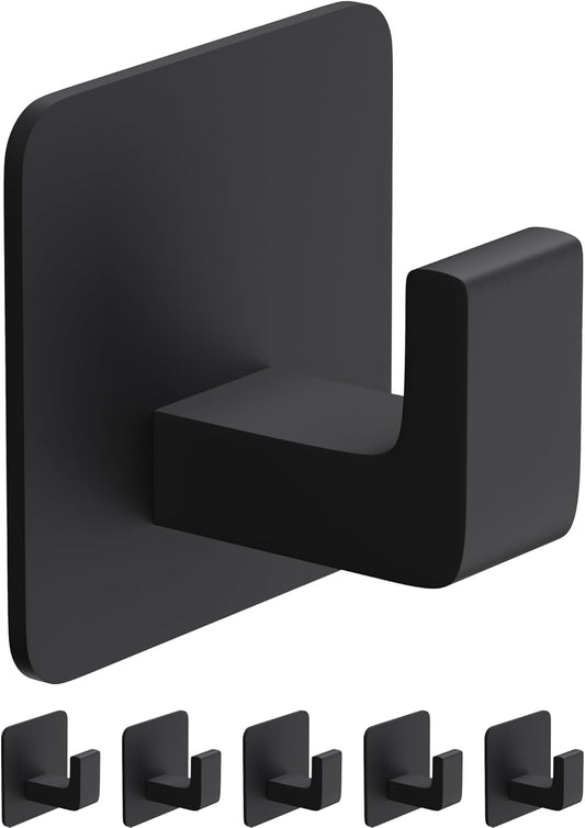Square Self Adhesive Towel Hooks - 6 Pack Matte Black Metal Hooks, Right-Angle Design for Towels, Robes & Hats, Organize Bathroom, Kitchen, Entryway, Doors, Cabinets on Smooth Surfaces