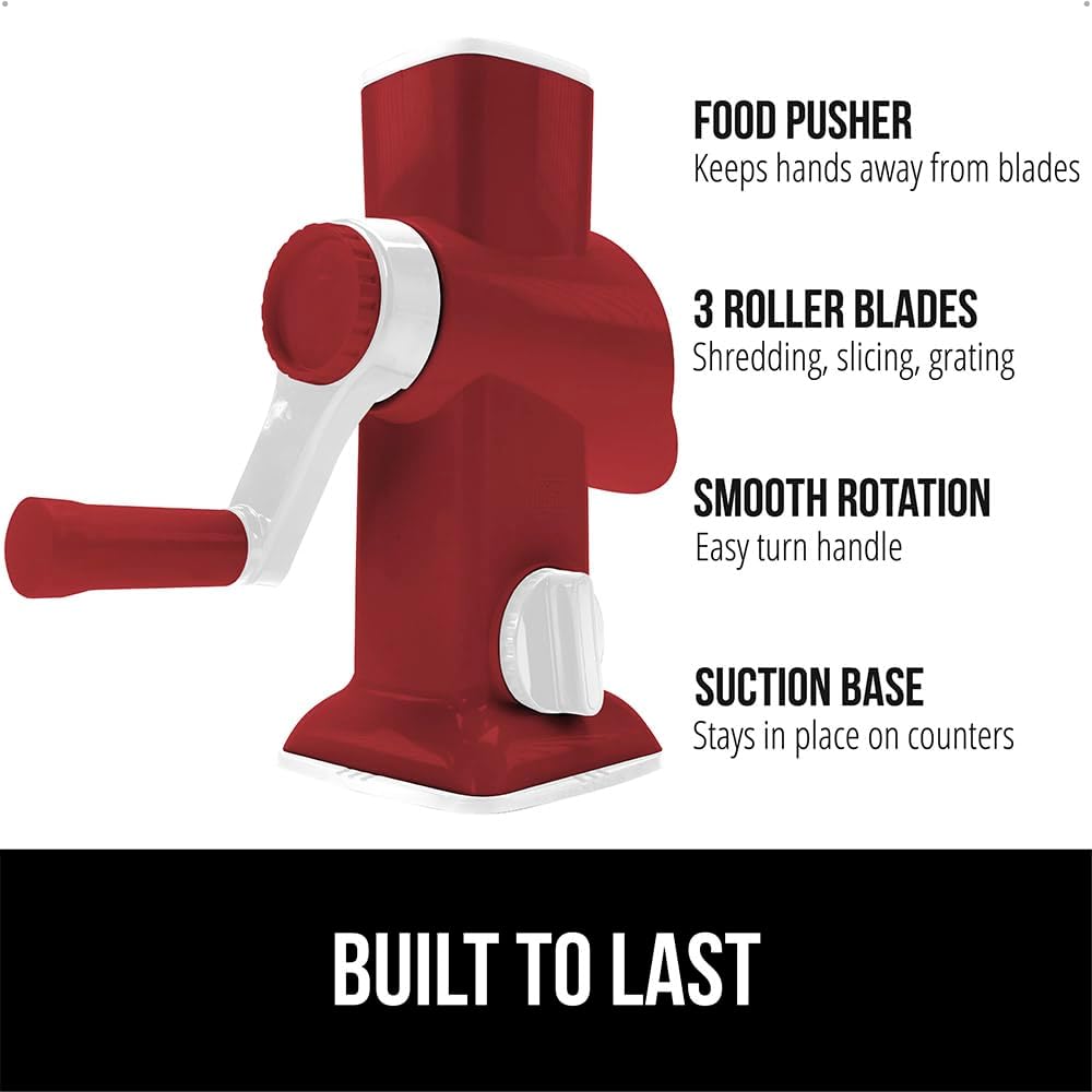 GORILLA GRIP BPA-Free Rotary Cheese Grater Hand Crank, Easy to Set Up, Strong Suction Base for Kitchen Countertop, Shred Potato, Vegetable, Nuts in Seconds, Round Mandoline Slicer, 3 Blades, Red