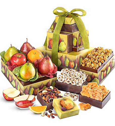 GreatFoods Premium Fresh Fruit and Snacks Gift Basket, Fruit Basket Gift for All Occassions, Includes Apples, Pears, Oranges, Caramel Drizzled Pretzels, Trail Mix & Peanut Brittle, 5Pc Tower