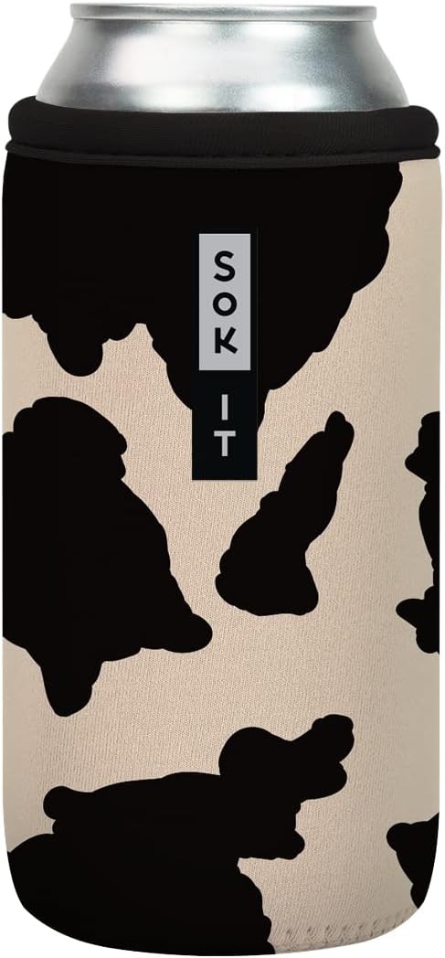 Sok It CanSok Sleeve for Beer & Soda Insulated Neoprene Cover (Cow Print, 16oz Can Sleeve)