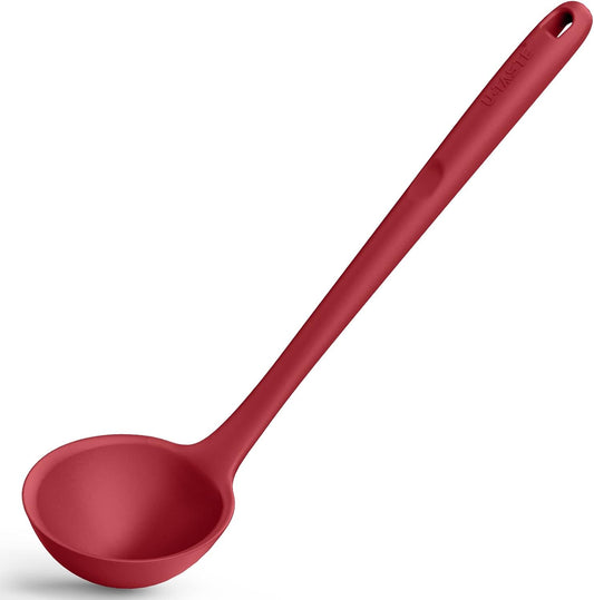 13 inch Silicone Soup Ladle: U-Taste 600ºF Heat Resistant 4 oz Large Non-stick Seamless Rubber Kitchen Deep Serving Spoon with Non Slip Solid Long Handle for Cooking Sauce/Stews/Gravies/Chili (Red)