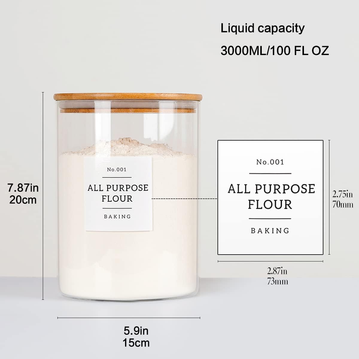 Large Glass Storage Jars With Airtight Bamboo Lid - 100 Fl Oz Thicken Kitchen Glass Food Storage Canister With 42 Pantry Labels - Big Clear Flour And Sugar Containers Farmhouse