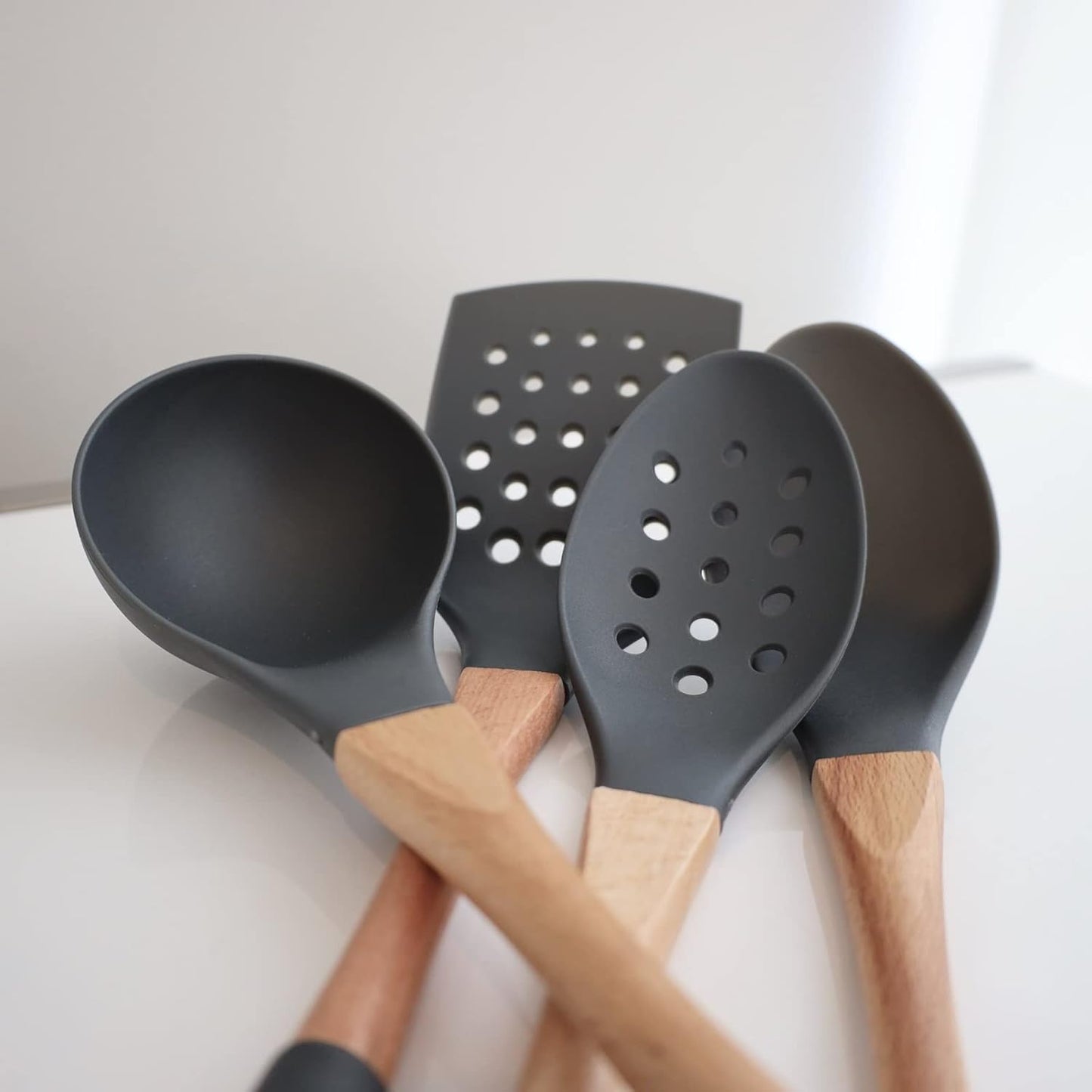 Beille Grey Nylon Ladle with Soft Grip Ergonomic Wooden Handle Kitchen Utensils, 13 Inch