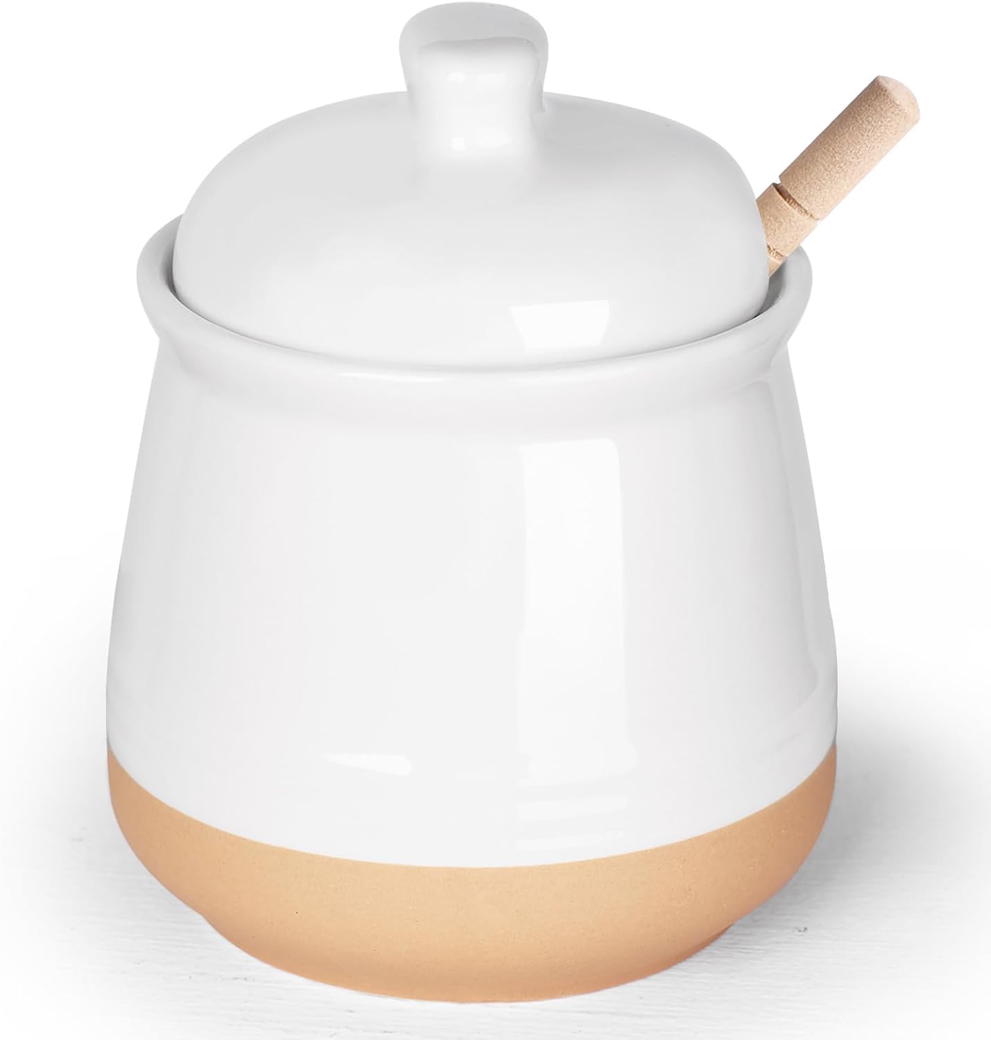 LEETOYI Honey jar with Lid and Wooden Dipper, 12 oz Ceramic Honey Container Dispenser for Home, Microwave & Dishwasher Safe, White