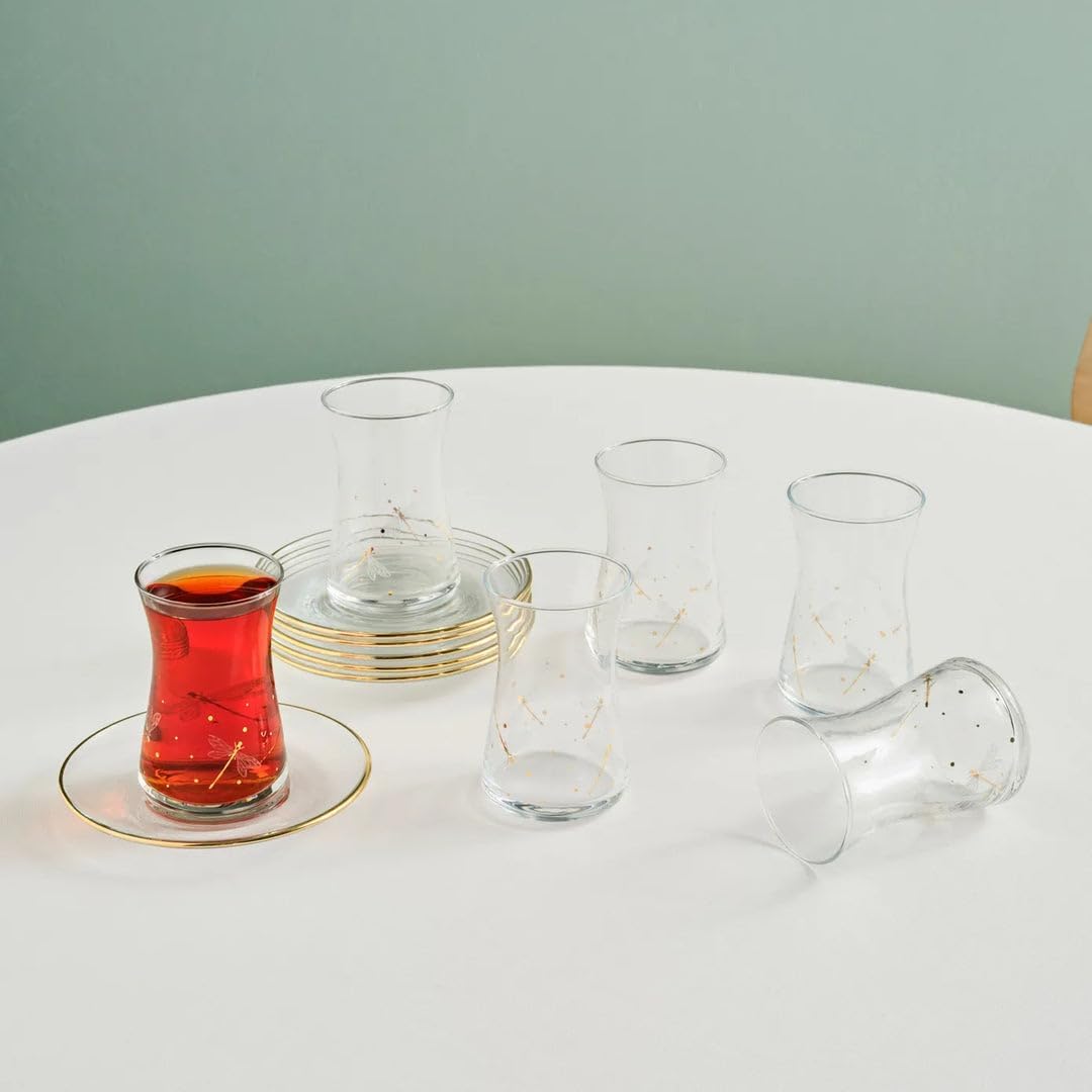 KARACA Yusufcuk Glass Elegant Tea Glass Set of 6 - (12 Piece) Clear Turkish Tea Cup Glasses and Saucers, 5.74 oz Curved Design Drinkware Cups