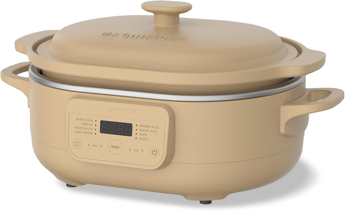 4 Quart Programmable Slow Cooker with Flexible Easy Programming, 8-in-1 Multi-Cooker with Dishwasher Safe Lid & Removable Crock Pot & Wooden Spoon, Nonstick, Oven Safe Pot to 500°F, Brown