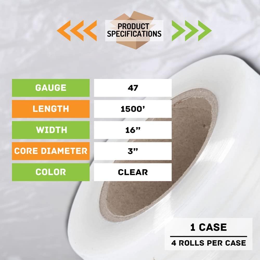 PSBM Stretch Wrap, 4 Pack, 16 Inch x 1500 Feet, 47 Gauge, Clear Plastic Cling, Cast Hand Stretch Film Rolls for Packaging Moving Packing Pallets