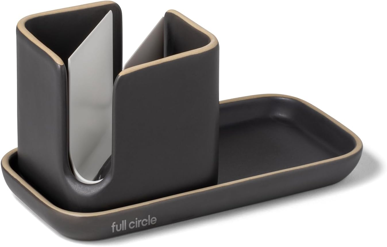 Full Circle Stash, Ceramic Kitchen Sink Caddy, Stylish Modular Sponge Holder & Dish Brush Organizer, Gray and White, 11"