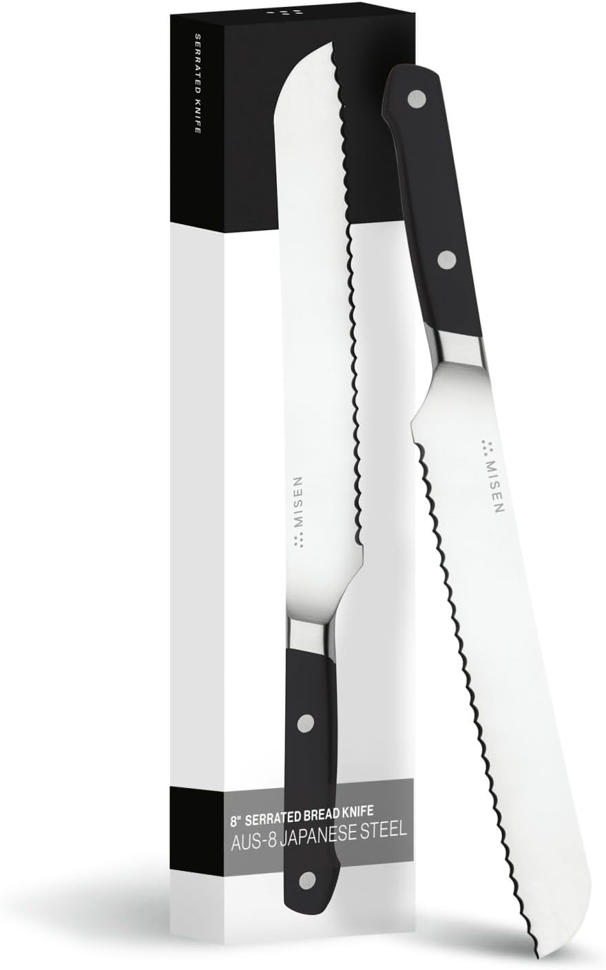 Misen Serrated Bread Knife – High-Carbon Japanese AUS8 Steel – Effortless Slicing of Bread, Pastries, and Fruits – Razor-Sharp Edge and Durable Blade with Ergonomic Handle - 10", Black