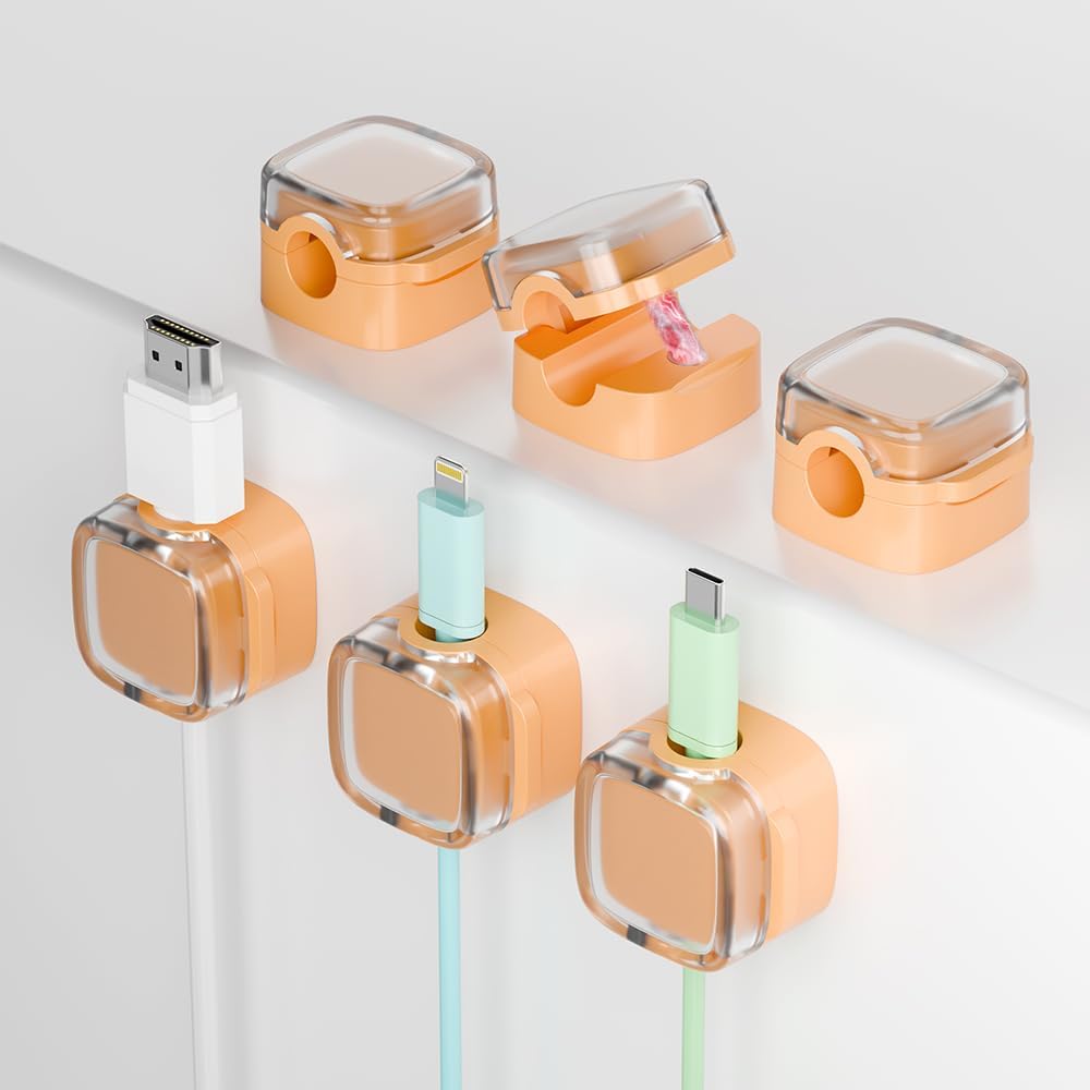 6-Pack Magnetic Cord Holder, Cord Holder with Strong Magnetic Lid, Holds Cables Firmly, 7 mm Charger Holder & HDMI Cord Organizer Clips, Strong Adhesive Pad (Orange)