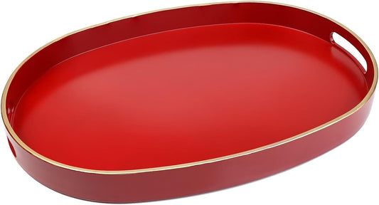 Spsyrine Red Plastic Serving Tray for Ottoman, Coffee Table, Oval Decorative Tray for Entertaining, Outdoor, Living Room, Home Decor