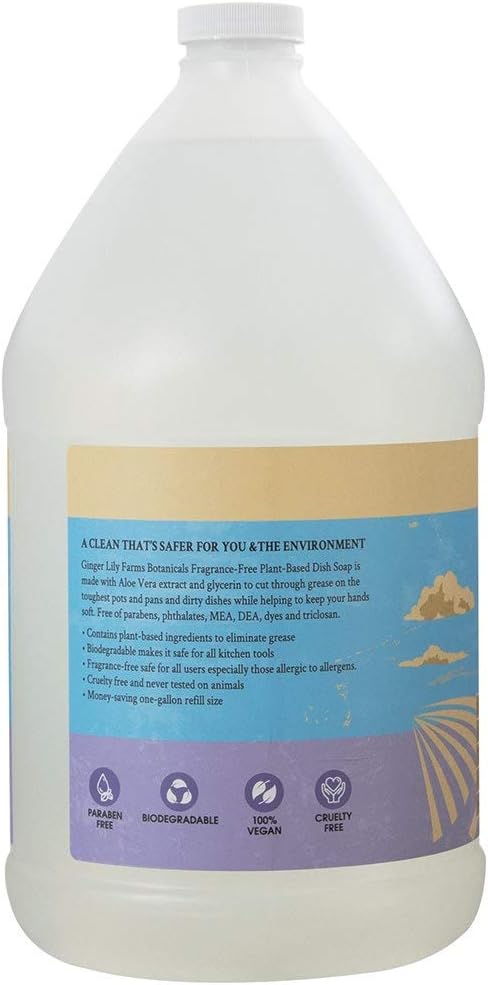 Ginger Lily Farms Botanicals Plant-Based Liquid Dish Soap, Concentrated Formula with Max Grease Cleaning Power, Cruelty-Free, Fragrance-Free, 1 Gallon Refill (Pack of 4)