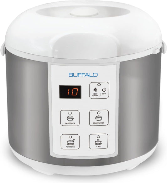 Buffalo Classic Rice Cooker with Clad Stainless Steel Inner Pot - Electric Rice Cooker for White/Brown Rice, Grain - Easy-to-clean, Non-Toxic & Non-Stick, Auto Warmer (10 Cup)