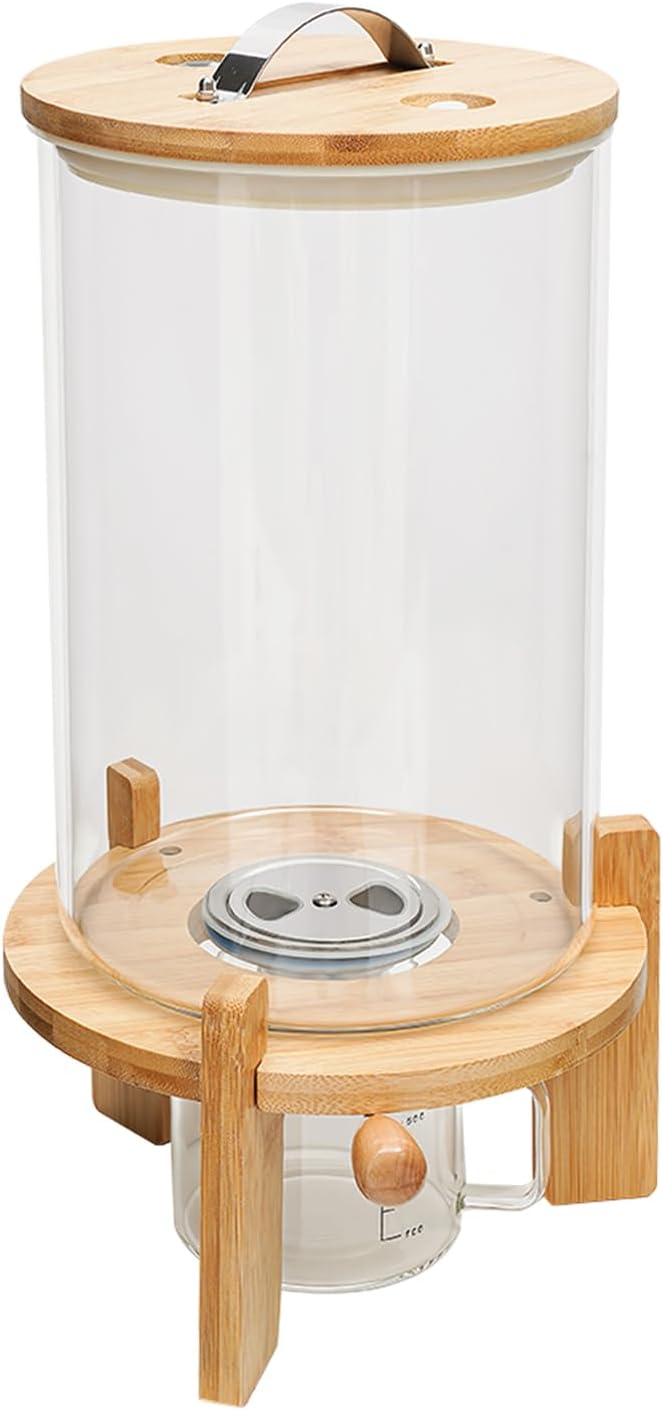 CNCEST Flour and Cereal Container, Glass Rice Dispenser, Countertop Cereal Dispenser with Measuring Cup, Airtight Lid & Wooden Stand for Storing Rice, Flour, Nuts, Coffee Beans (7.5L/1.98Gal)