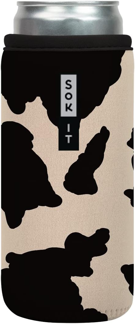 Sok It CanSok Sleeve for Beer & Soda Insulated Neoprene Cover (Cow Print, 12oz Slim Can Sleeve)