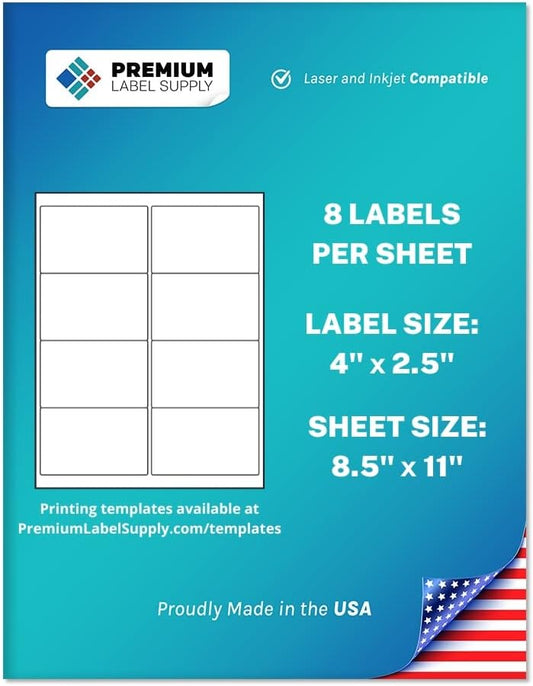 Premium Label Supply White Sticker Shipping/Mailing Labels – 4" x 2.5" – Laser/Inkjet Compatible – (8 per Sheet), 1000 Sheets – 8,000 Total Adhesive Labels
