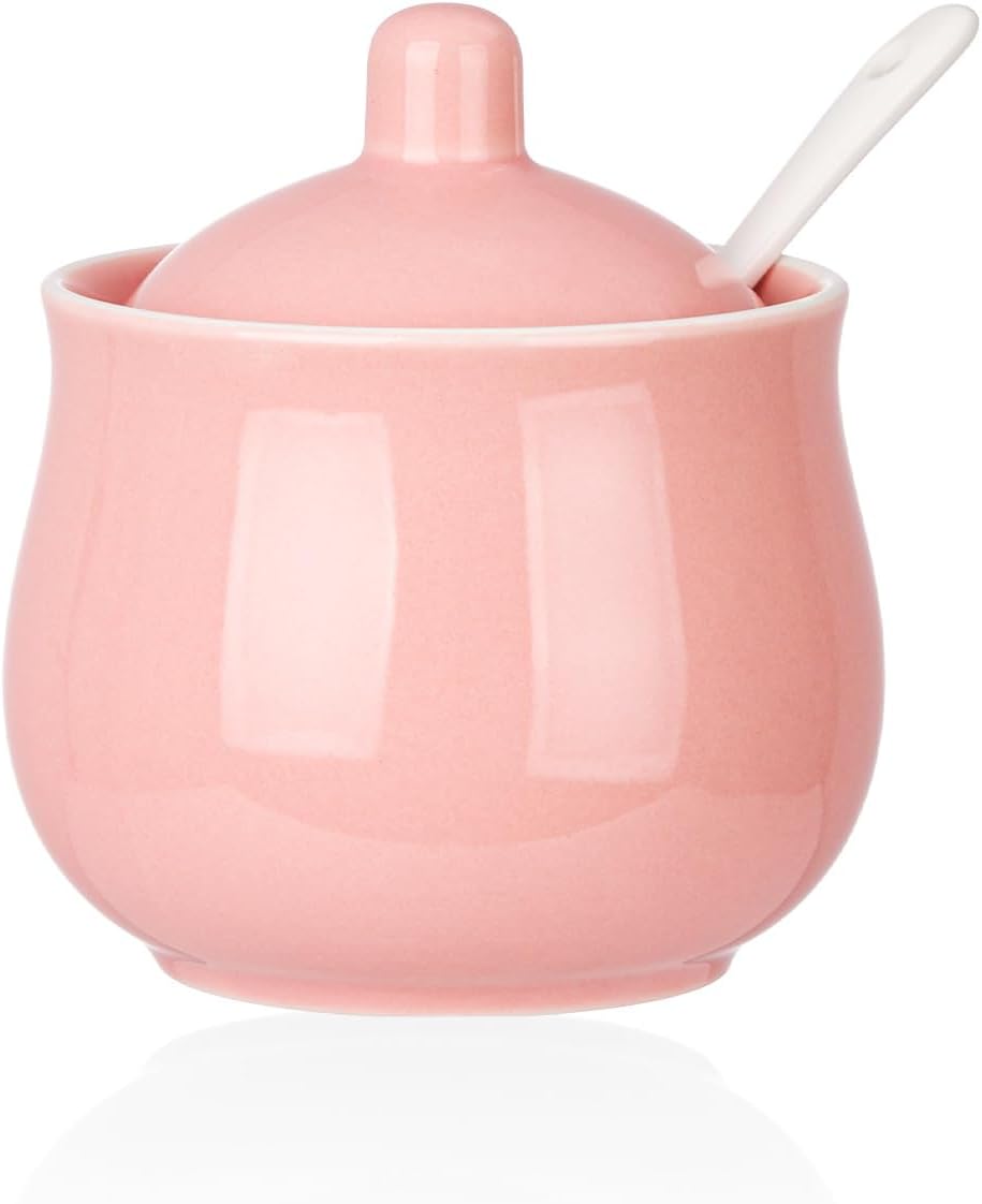 Ceramic Sugar Bowl with Lid and Spoon, Pink Porcelain Sugar Salt Pepper Storage Jar, 8 Ounces