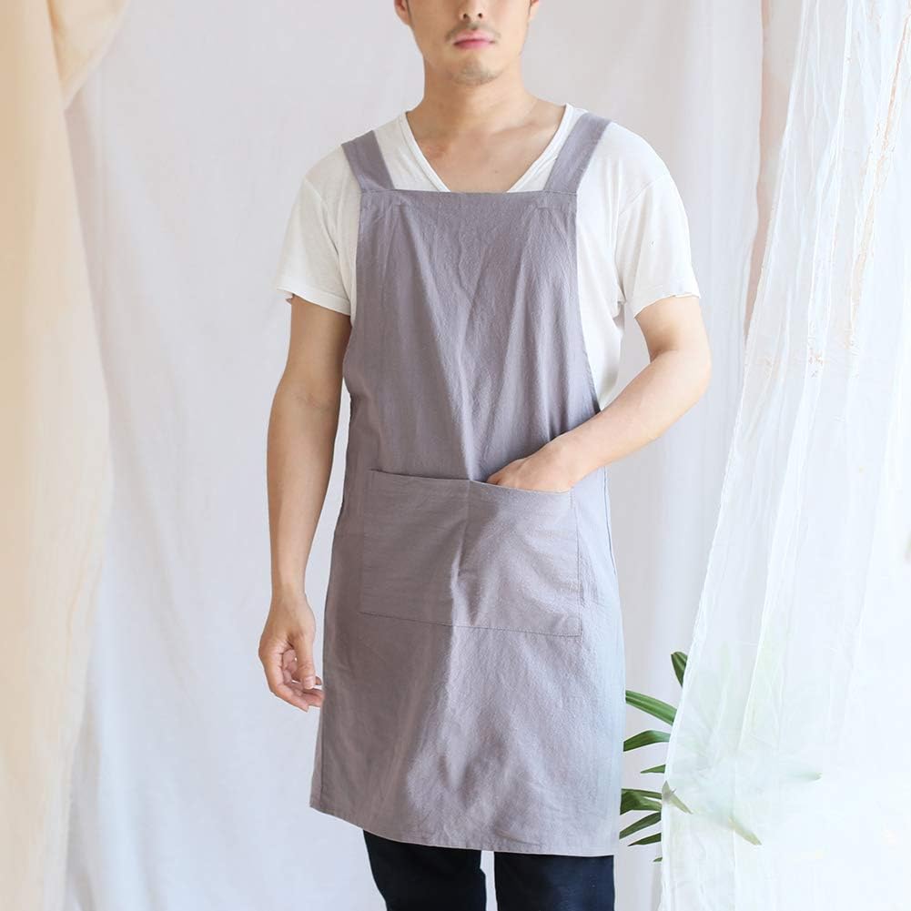 NEWGEM Japanese Linen Cross Back Cooking Aprons for Women Men with Pockets Cute for Baking Kitchen