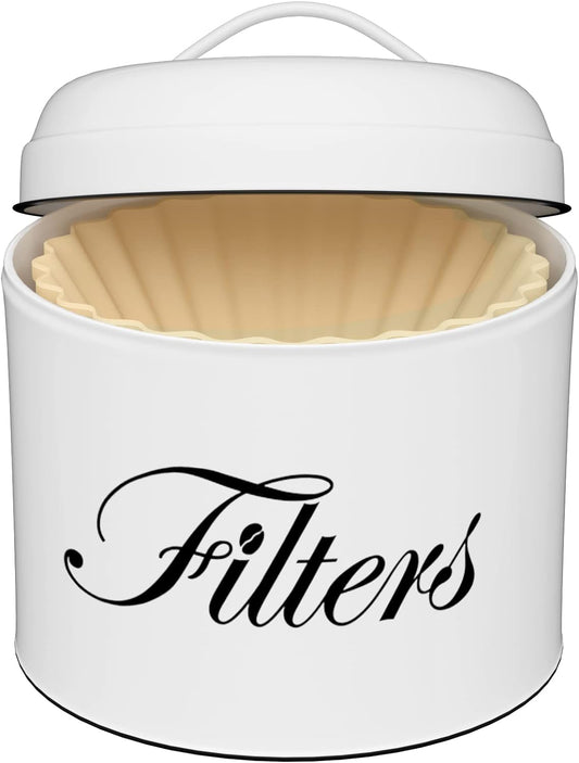Coffee Filter Holder, White Basket Coffee Filter Storage with Lid, Round Coffee Filter Container for Counter, Rustic Farmhouse Coffee Bar Accessories Decor (White)