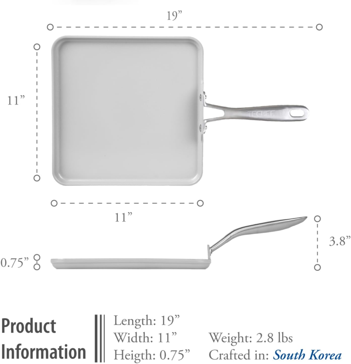 TECHEF - CeraTerra Ceramic Nonstick Square Griddle Pan (PTFE and PFOA Free Ceramic Exterior & Interior), Oven & Dishwasher Safe, Made in Korea, Grey/Silver (Griddle Pan)