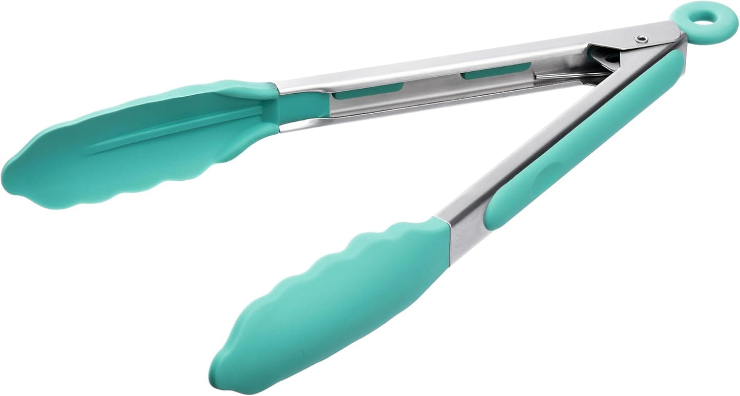 Doosu Kitchen Tongs for Cooking - 600°F Heat Resistant Food Tong with Non-Scratch Silicone Tips, Heavy Duty Stainless Steel Locking Tong for BBQ, Grilling Steak, Serving Salad, Pasta (9in, Aqua Sky)